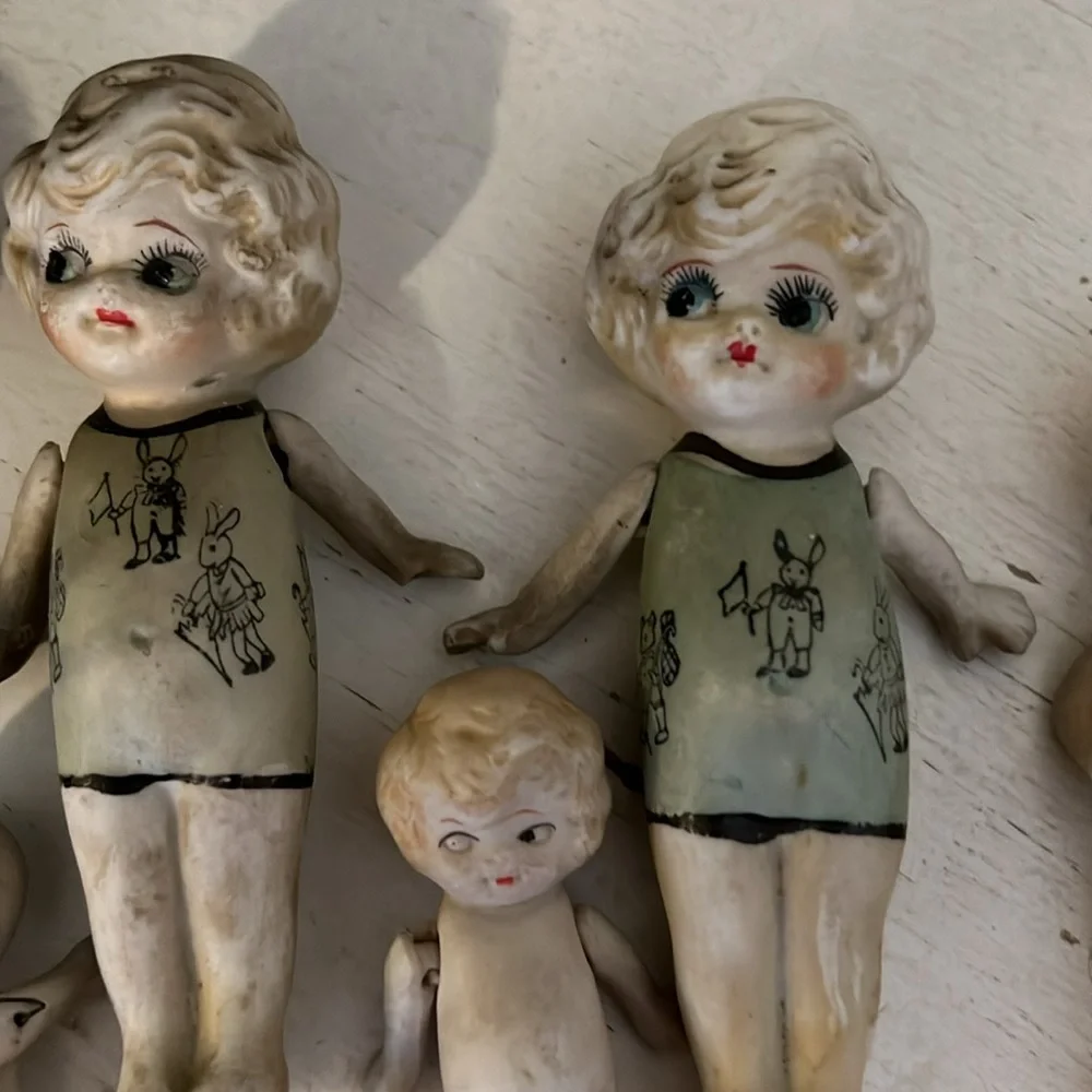 Lot Antique bisque jointed & strung Japan dolls miniature